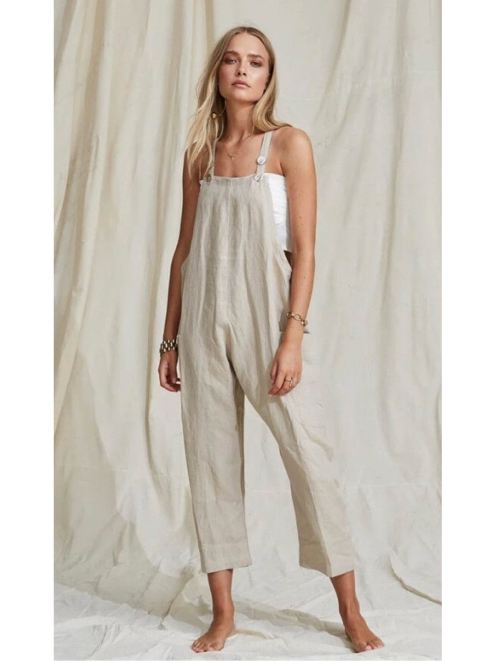 Maurie + Eve Linen Cotton Blend Sleeveless Oversized Beige Jumpsuit Size 2